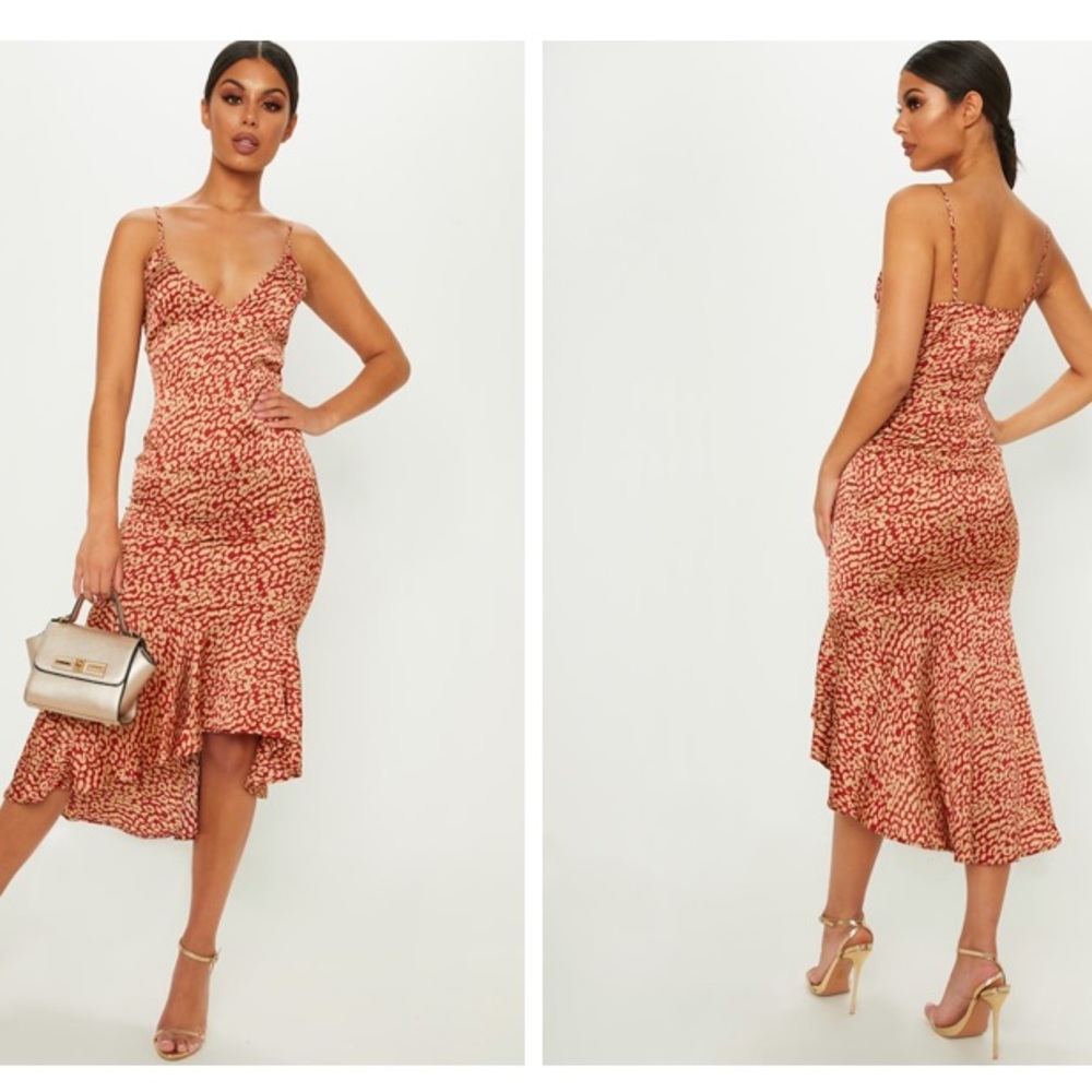 Red Leopard print Midi High-Low Dress